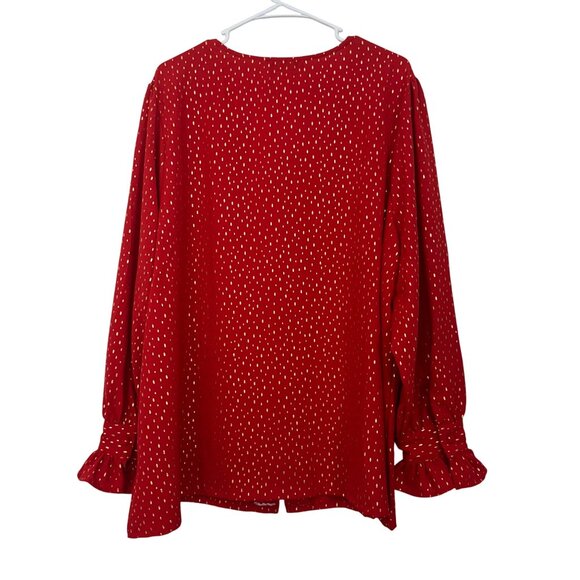 Emily Daniels Women Red Gold Polka Dot Blouse 2X Long Sleeve Ruffle Cuffs V-Neck - Picture 2 of 12
